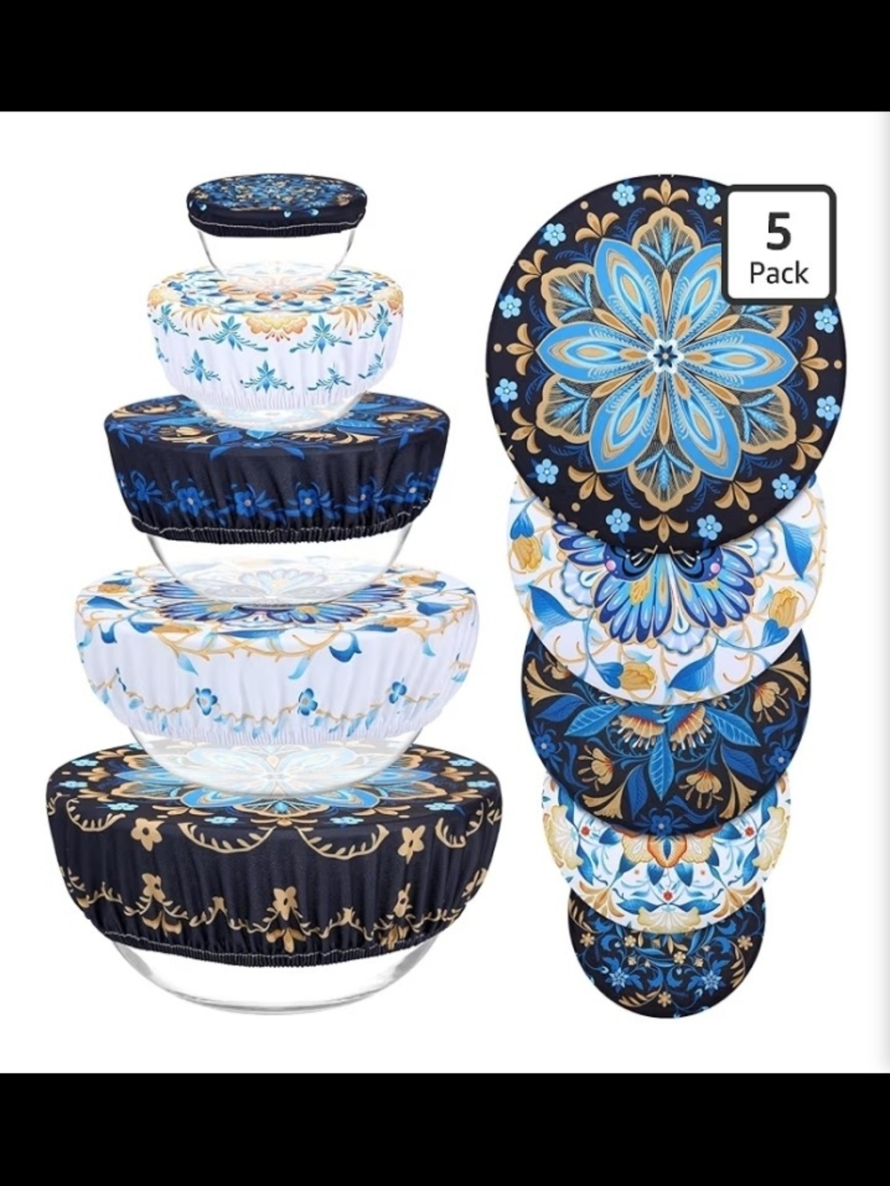 Blue Floral Stretch Bowl Lid Covers - 5 Pack